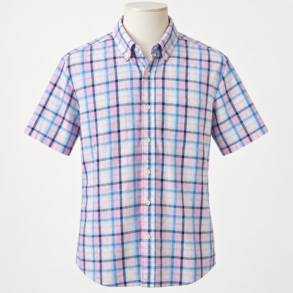 Saddlebred Mens XXL Short Sleeve Plaid Button Down Shirt Wrinkle Free Blue Pink